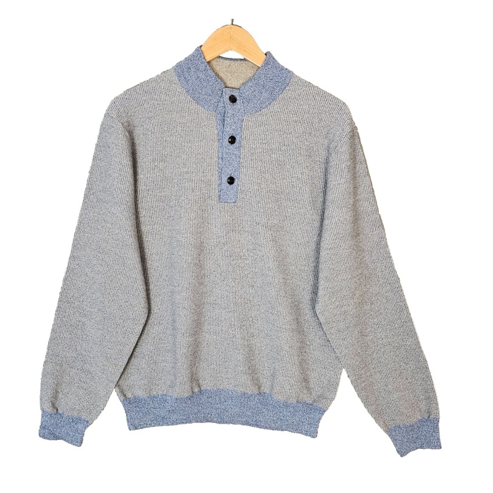 Peter Millar Mens L Timberline Quarter Button Sweater 100% Virgin Wool Grey Blue
